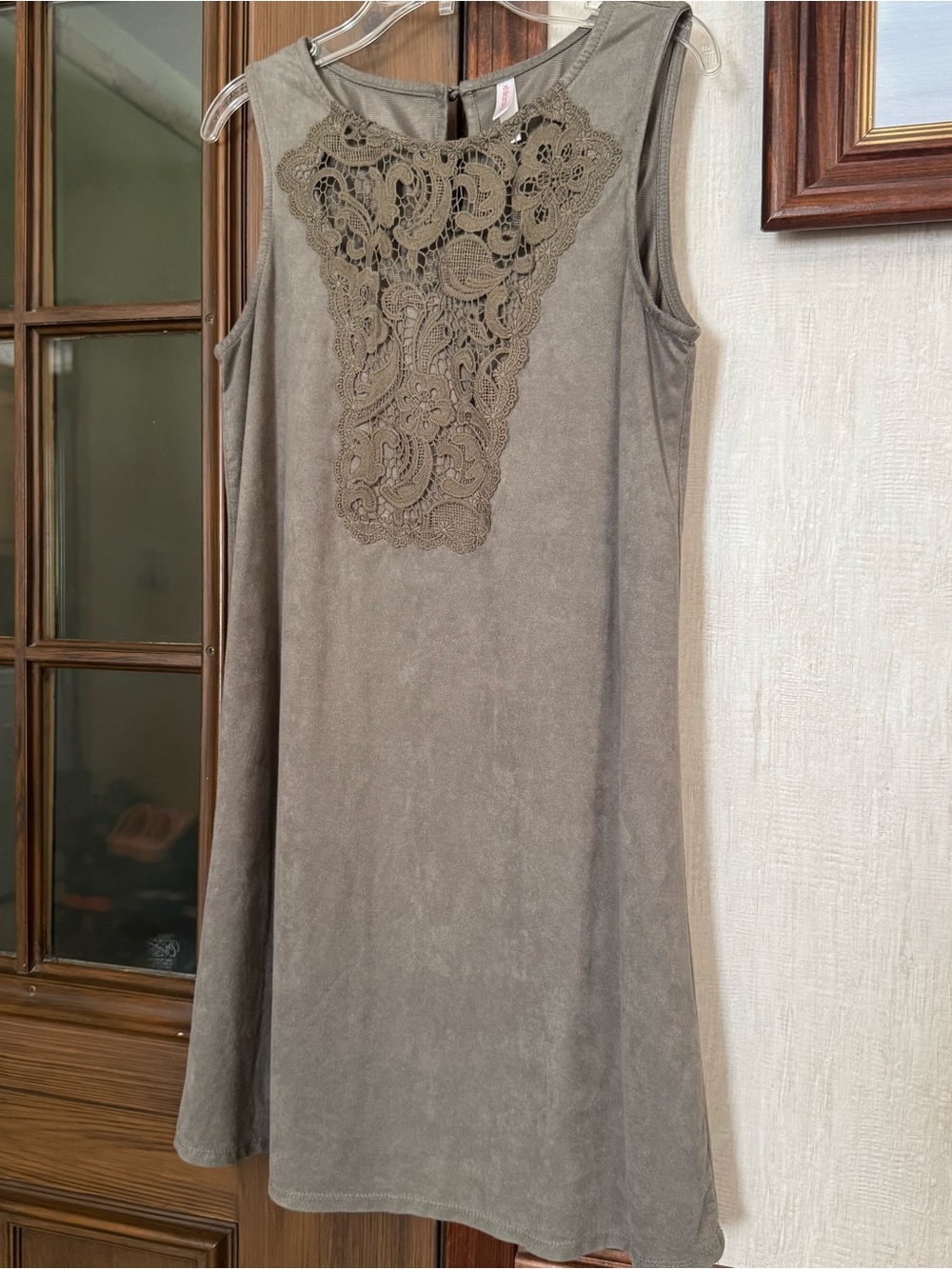 Xhilaration Olive Sleeveless Suede-Look Lace Yoke Mini Dress